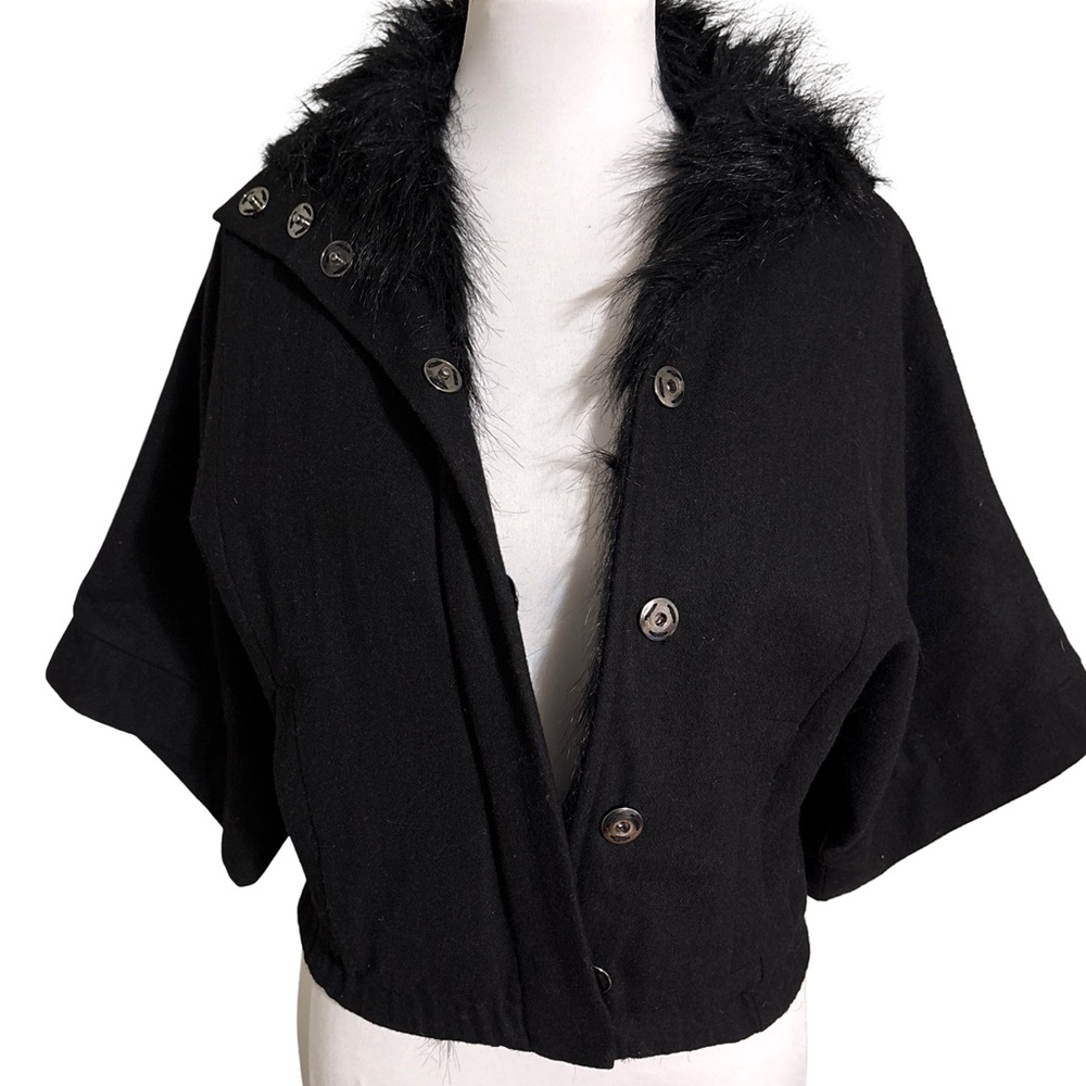 Ark & Co Black Wool Poncho with Faux Fur Trim